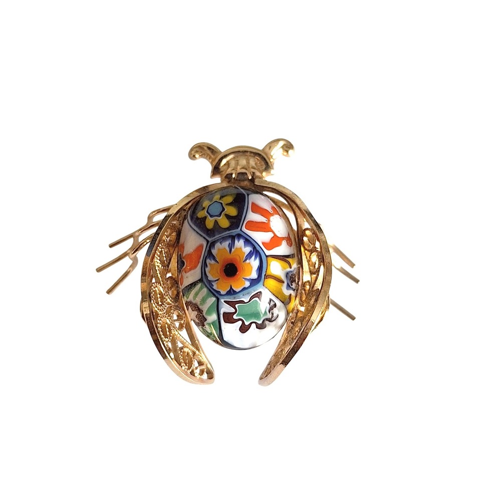 Vintage Italian Murano Millefiori Glass 12K Gold-Filled Filigree Beetle Brooch